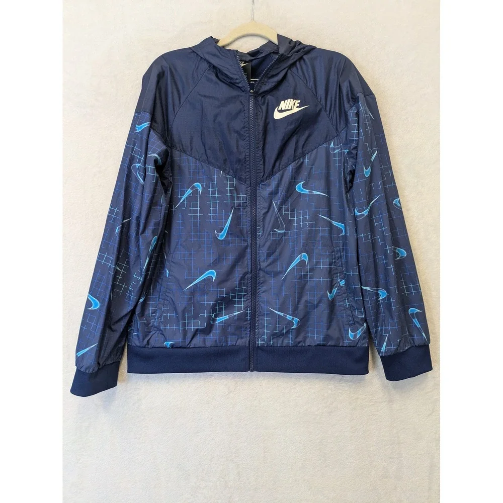 Nike Kid's Size XL Hooded Windbreaker Jacket Navy Blue‎ Swoosh Print